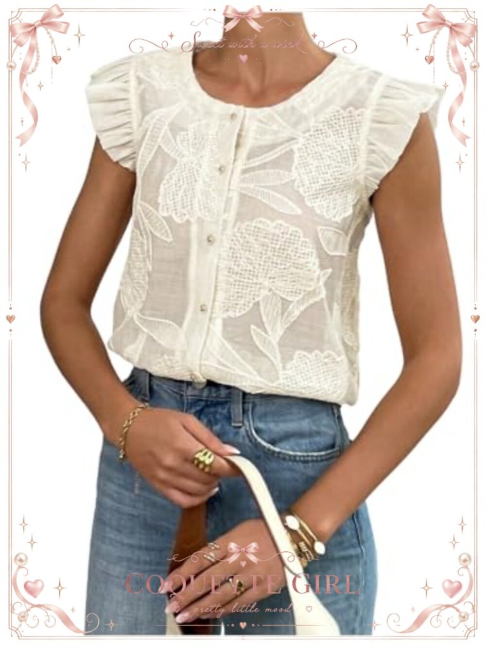 Women's Floral Embroidered Button Up Blouse Cap Sleeve Boho Western Top